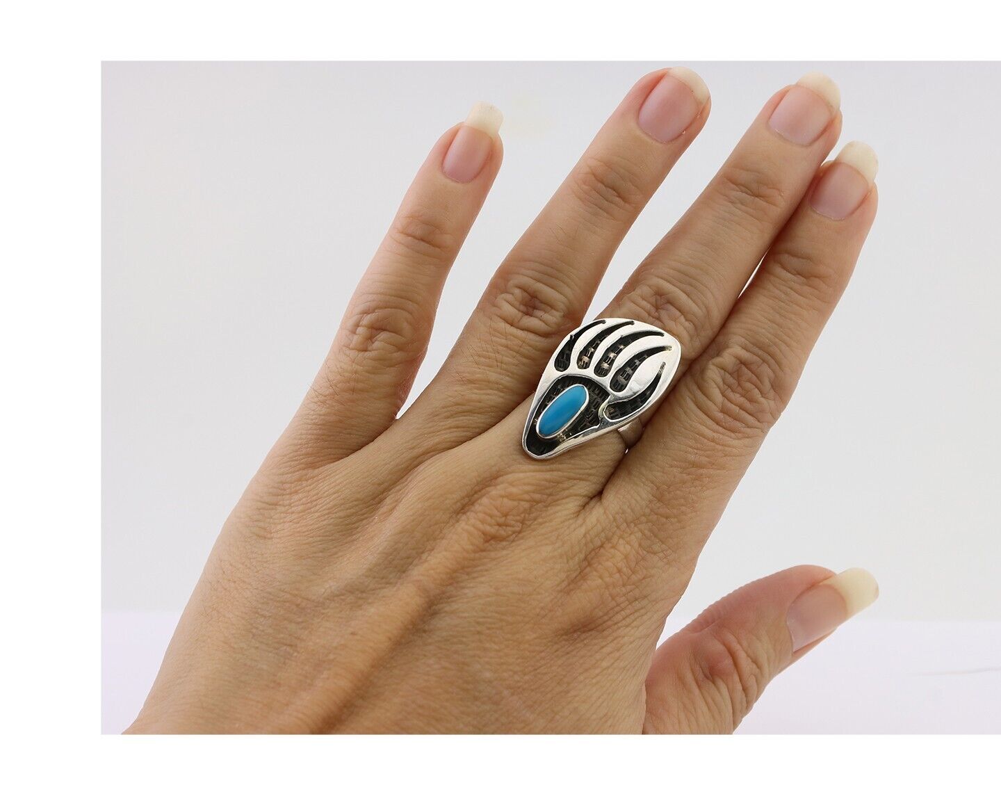 Navajo Badger Paw Ring 925 Silver Turquoise Native American Artist C.80's