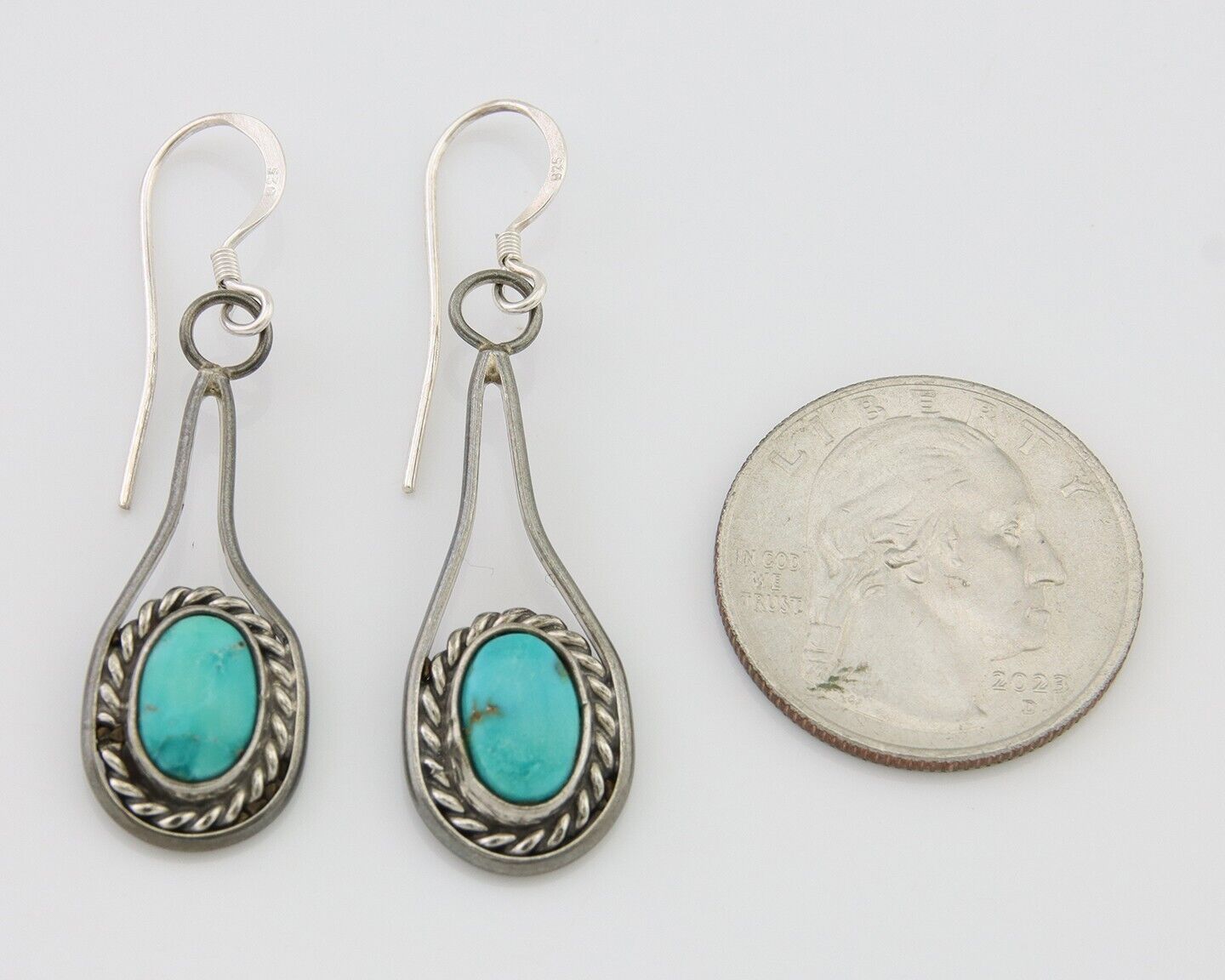 Navajo Dangle Earrings 925 Silver Natural Turquoise Native American Artist C.80s