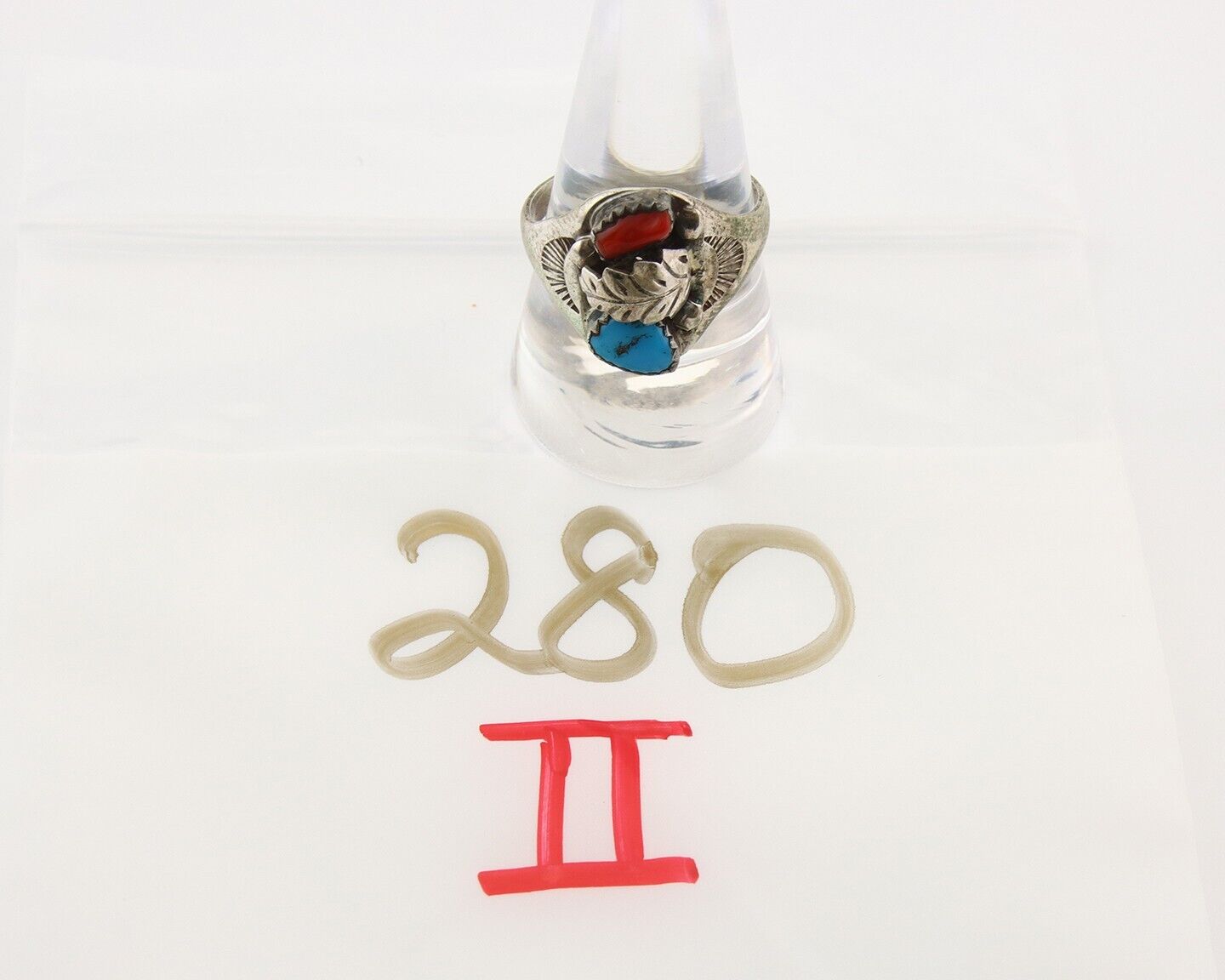 Navajo Ring 925 Sterling Turquoise & Coral Native Artist C.80's Size 10