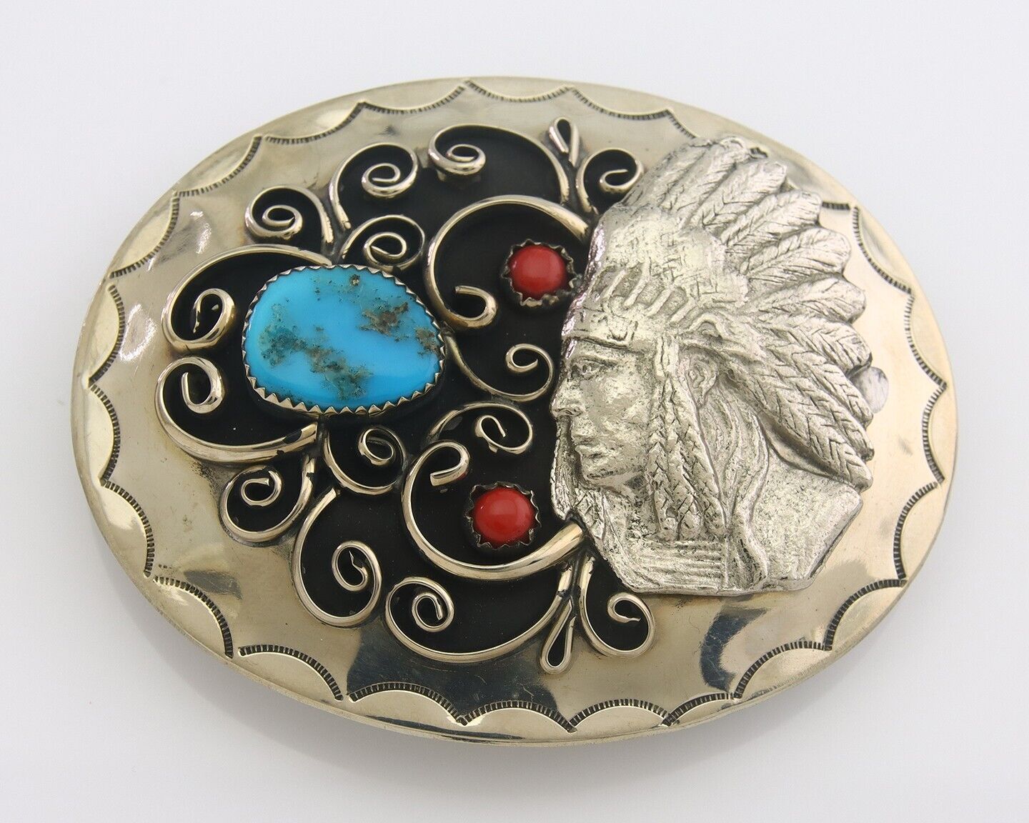 Navajo Belt Buckle .999 Nickel Buffalo Gemstone Signed 2.35 x 3.0 in C.80's