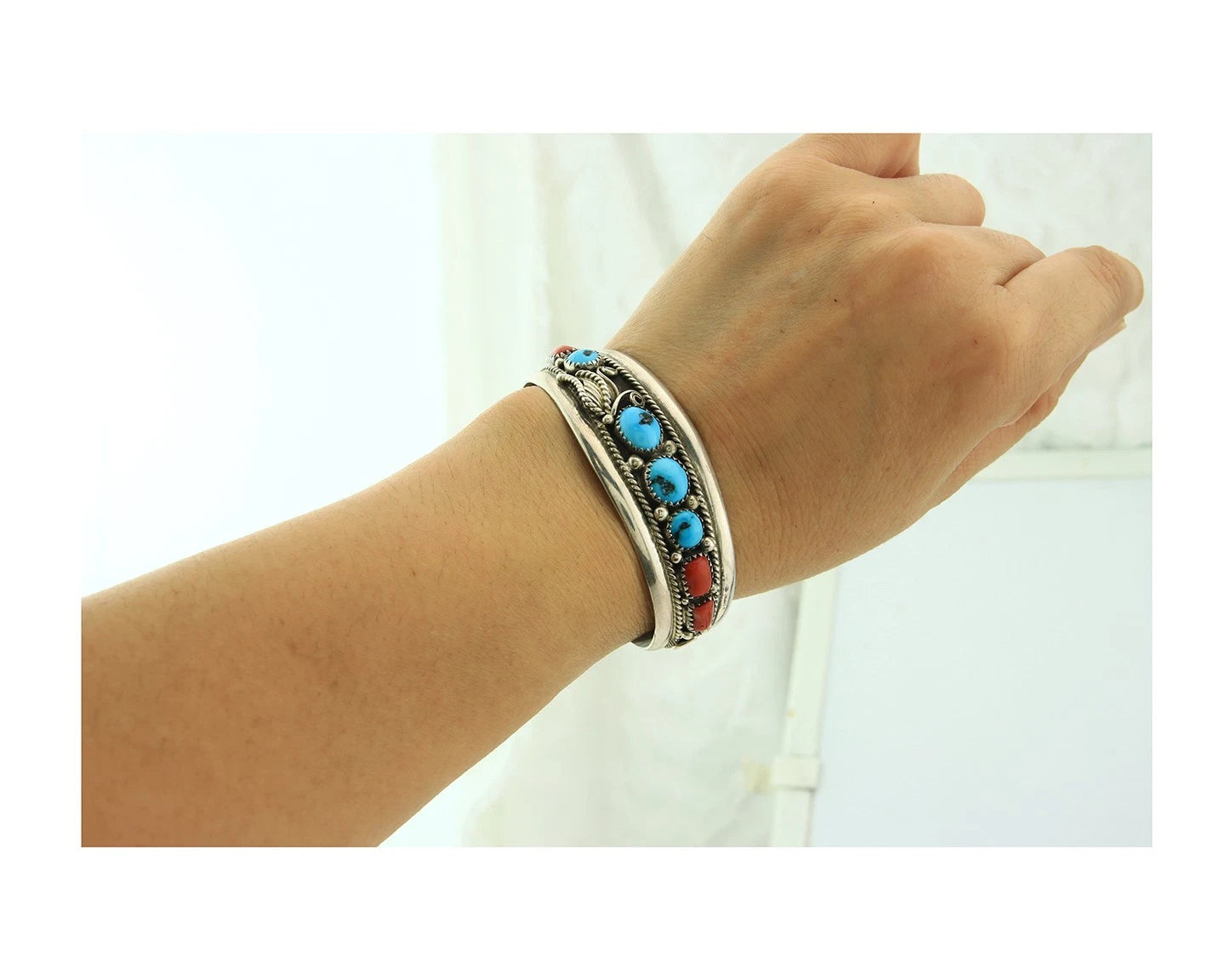 Navajo Cuff Bracelet 925 Sterling Silver Turquoise & Coral Signed Lee Charlie Jr