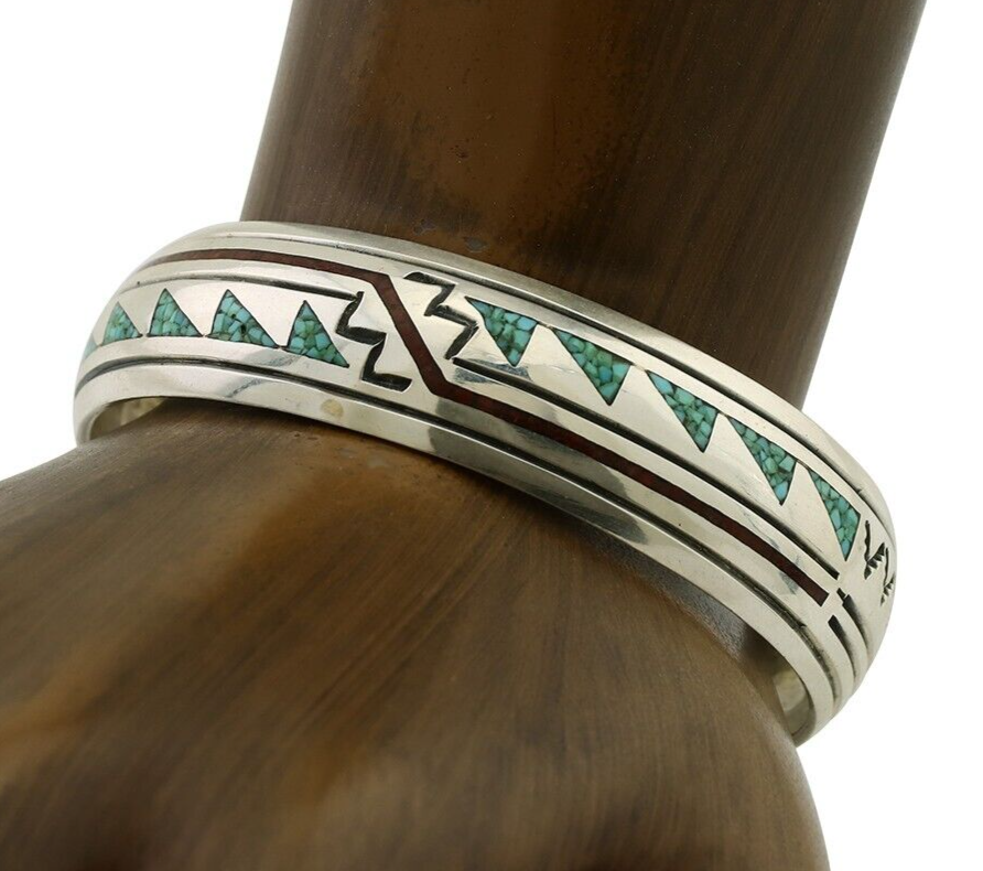 Navajo Inlay Bracelet 925 Silver Turquoise & Coral Signed Stanely Bain C.80's