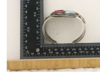 Men Navajo Bracelet 925 Silver Coral & Turquoise Native American Artist C.80's