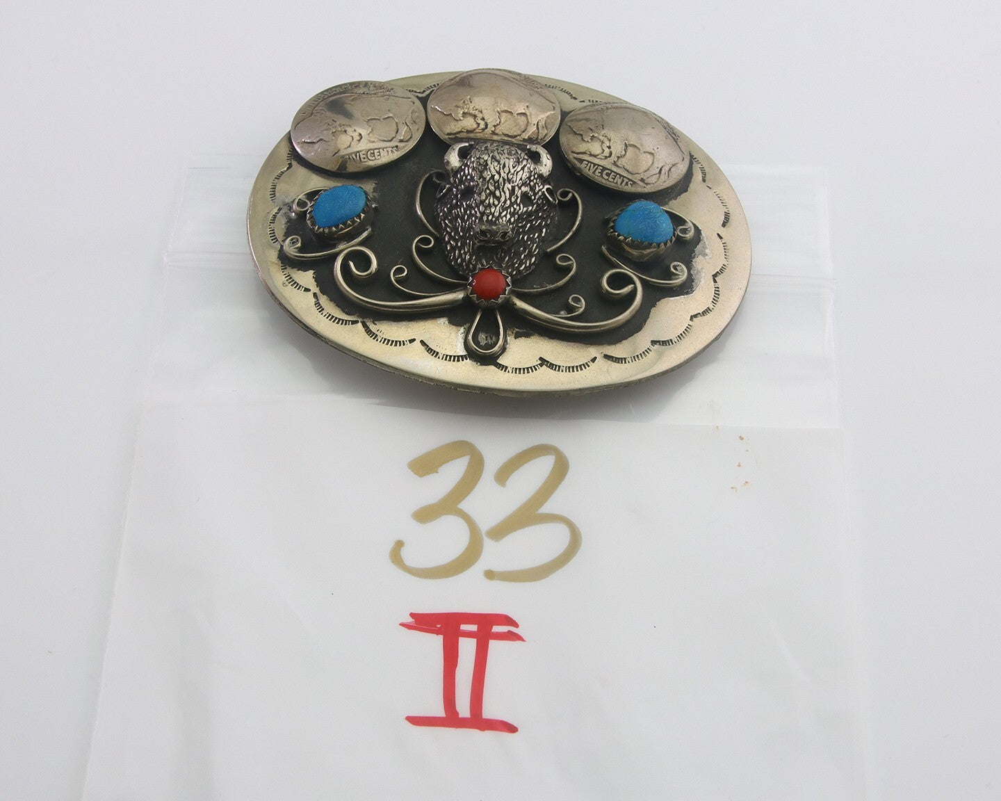 Navajo Belt Buckle .999 Nickel Buffalo Gemstone Handmade 2.5 x 3.0 in C.80's