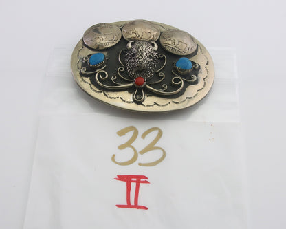 Navajo Belt Buckle .999 Nickel Buffalo Gemstone Handmade 2.5 x 3.0 in C.80's