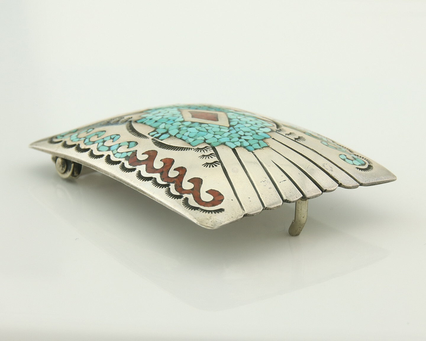 Vintage Navajo Belt Buckle 925 Silver Handmade Inlaid Gemstone Signed IHMJ