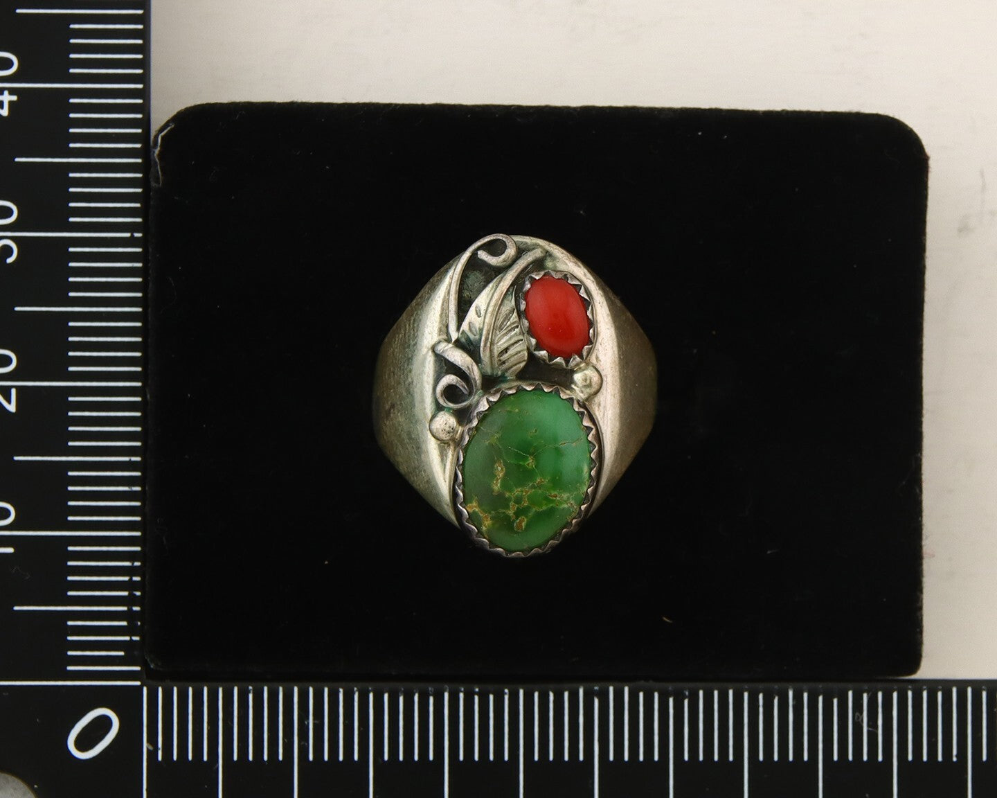 Navajo Ring 925 Sterling Turquoise & Coral Native Artist C.80's Size 6.5