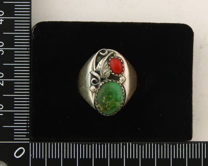 Navajo Ring 925 Sterling Turquoise & Coral Native Artist C.80's Size 6.5