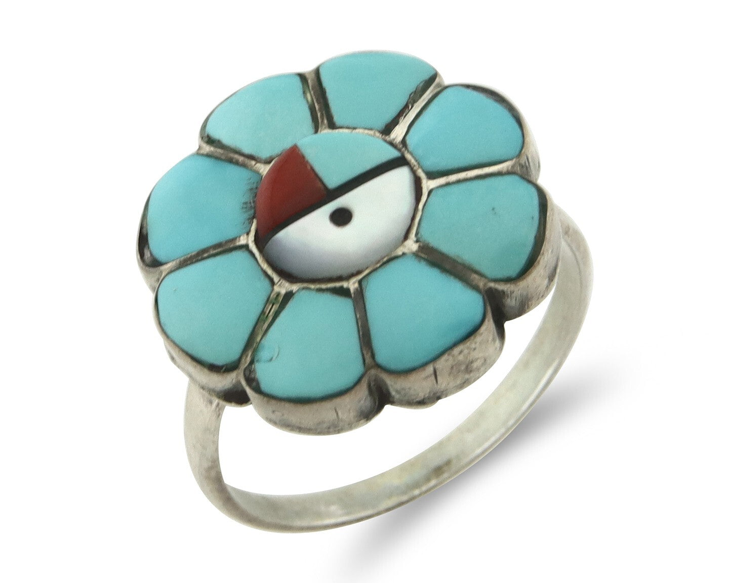 Vintage Zuni Ring 925 Sterling Silver Natural Gemstone Signed JV Size 7.75