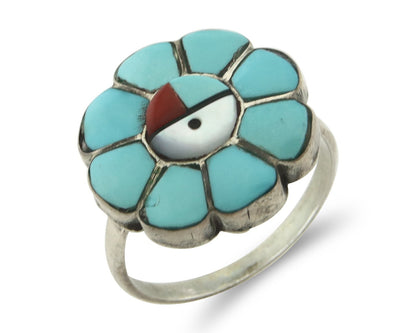 Vintage Zuni Ring 925 Sterling Silver Natural Gemstone Signed JV Size 7.75