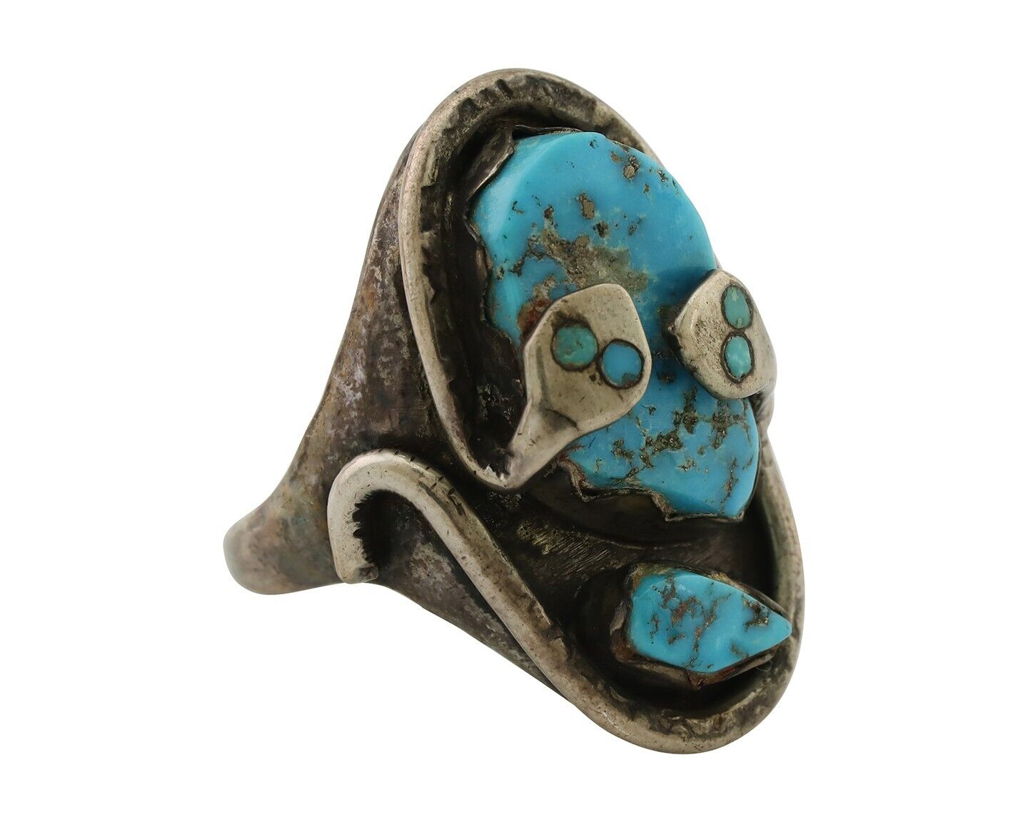 Mens Heavy Zuni Snake Ring 925 Silver Turquoise Signed EFFIE CALAVASA C.80's