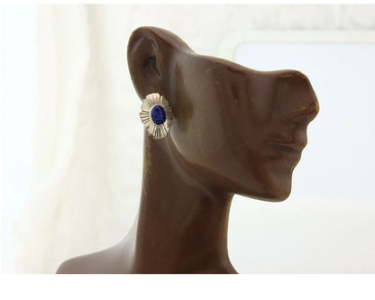 Navajo Concho Earrings Sterling Silver Natural Lapis Vintage Handmade