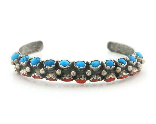 Navajo Cuff Bracelet Sterling Silver Coral Handmade Vintage Native Signed Kee