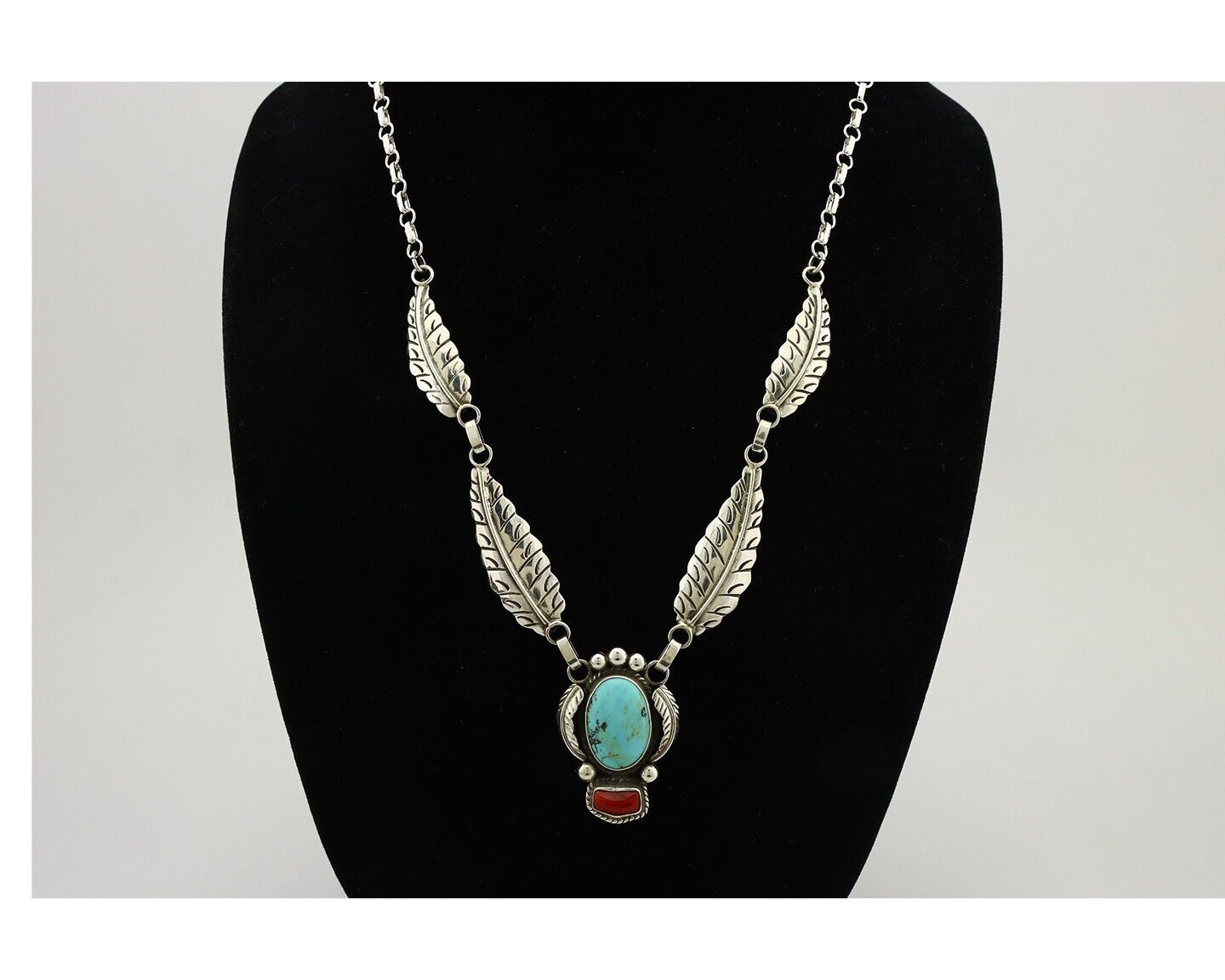 Navajo Necklace 925 Silver Turquoise & Coral Artist Signed Rabbit Stick C.2008