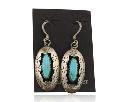 Navajo Dangle Earrings 925 Silver Natural Turquoise Artist Signed IJC C.80's