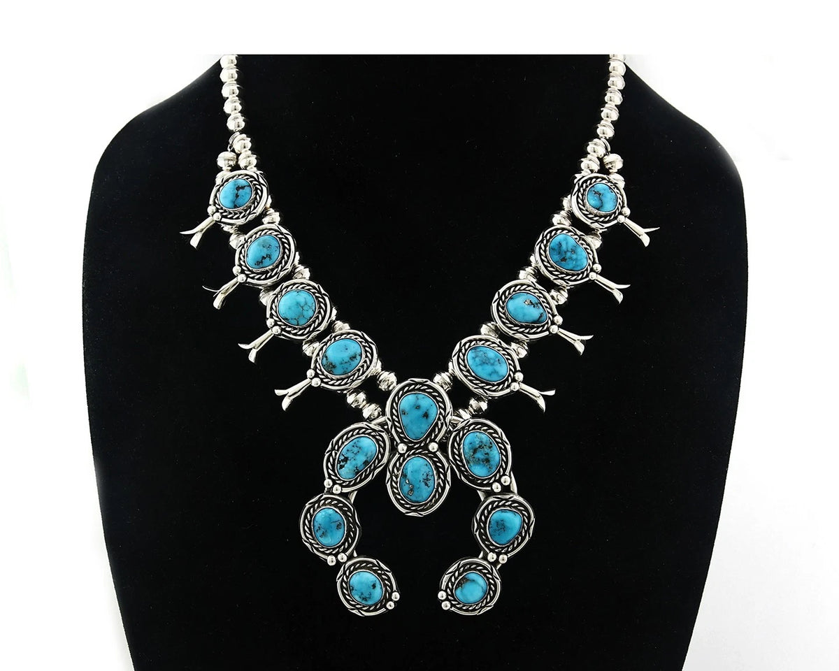 Navajo Necklace Earring Set Sterling Silver Vintage Morenci Turquoise Handmade