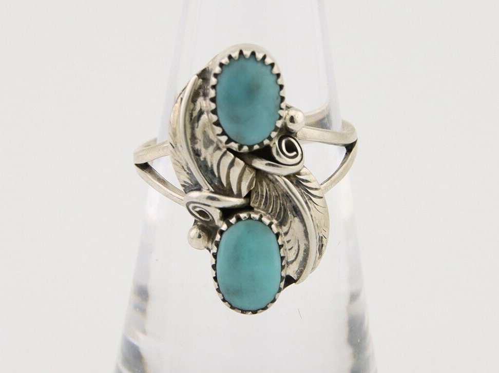 Navajo Ring 925 Silver Natural Slab Turquoise Artist Signed WR C.80's