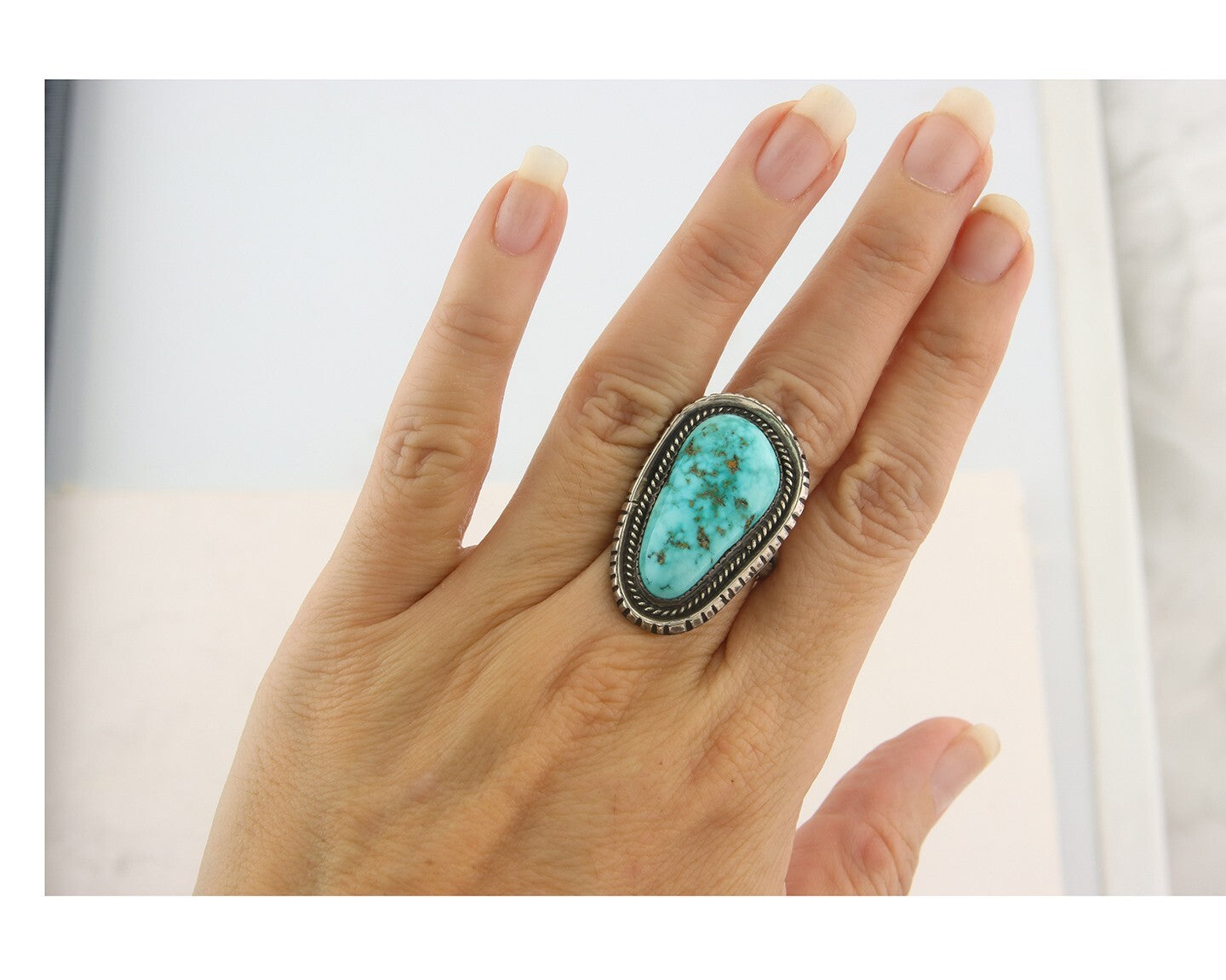 Vintage Navajo Ring 925 Sterling Blue Gem Turquoise Artist Tom Willeto Size 6.5