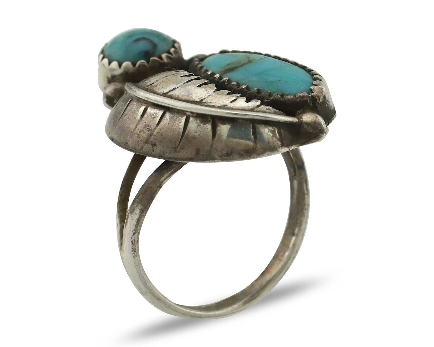 Navajo 2 Stone Ring 925 Silver Kingman Turquoise Native American Artist C.80's