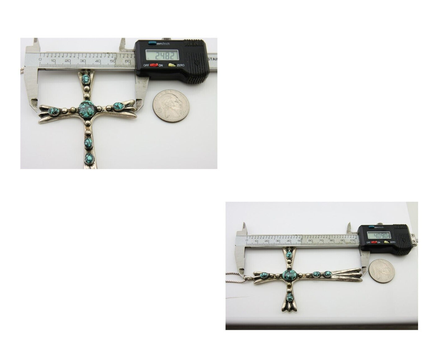 Navajo Sand Cast Cross Pendant 925 Silver Turquoise Signed FJ Begay C.80's