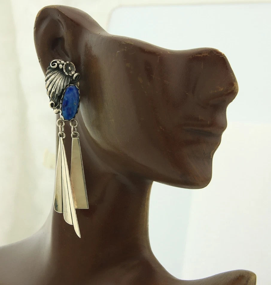 Navajo Dangle Circle Earrings Sterling Silver Lapis Vintage Native Artist