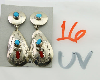 Navajo Earrings 925 Silver Turquoise & Coral Artist Signed Leeann Lee C.80's
