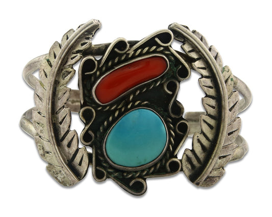Vintage Navajo Bracelet 925 Silver Natural Red Coral Turquoise Handmade