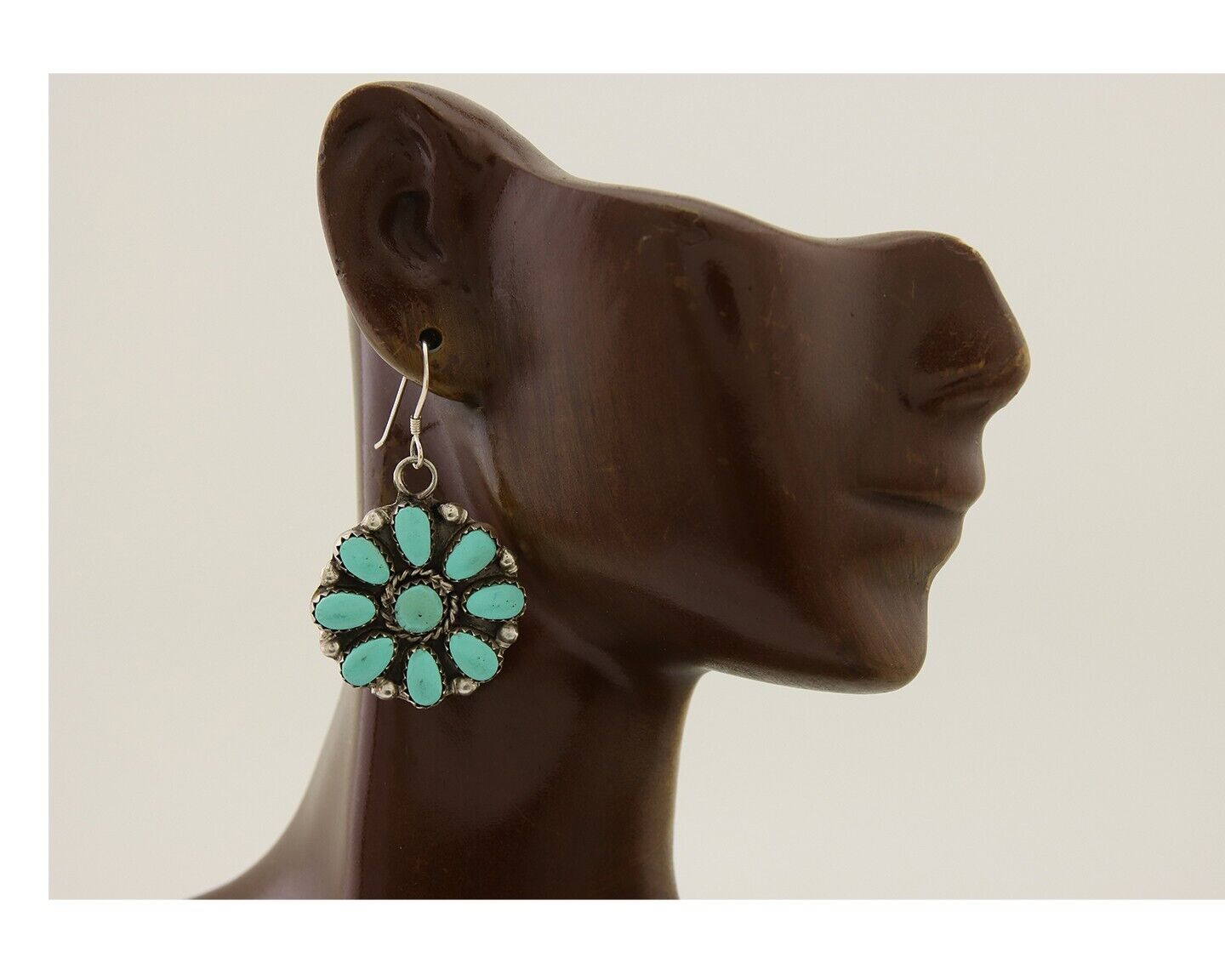 Zuni Concho Earrings 925 Silver Inlaid Natural Turquoise Artist Signed DR C.80's