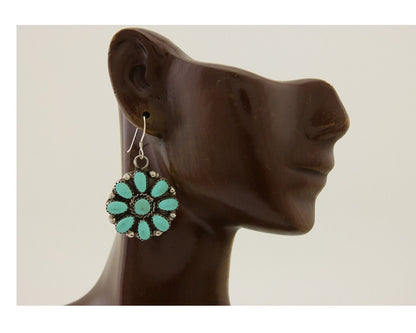 Zuni Concho Earrings 925 Silver Inlaid Natural Turquoise Artist Signed DR C.80's