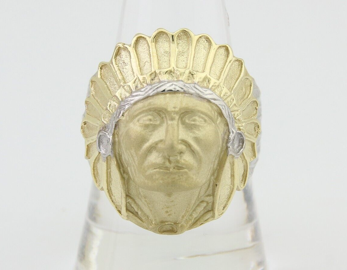 Men 10k Solid Gold Indian Chief Ring Tribal Head Dress Exquisite Detail Size 10