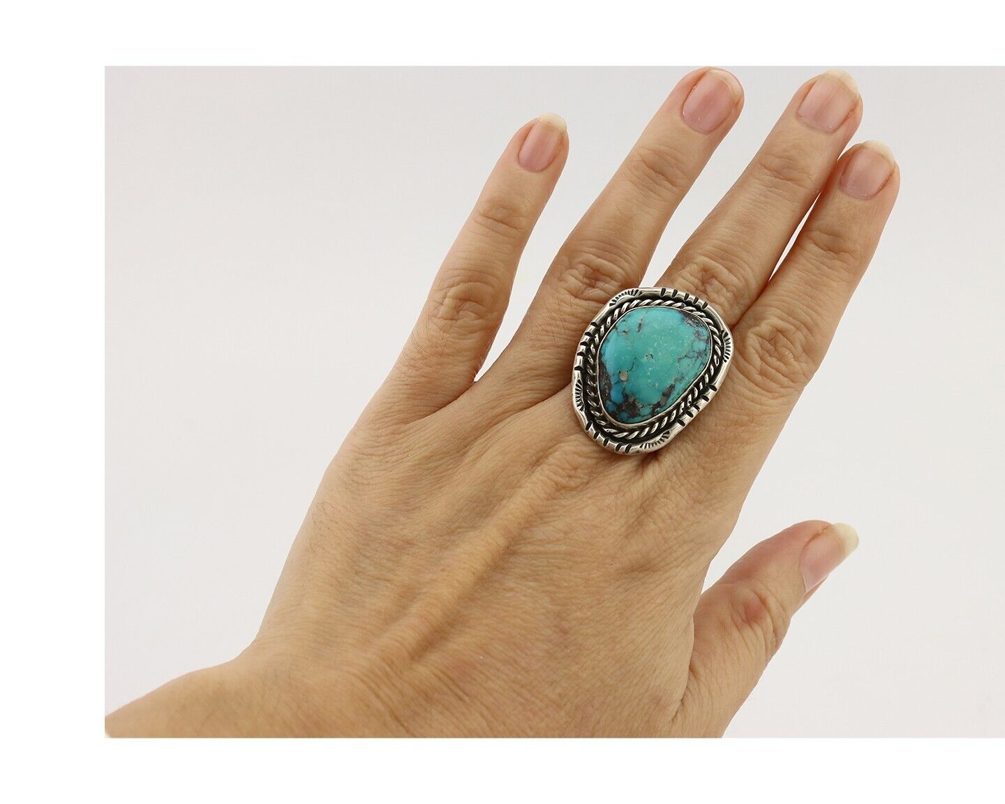 Navajo Ring .925 Silver Globe Turquoise Signed Lee Bennett C.80's