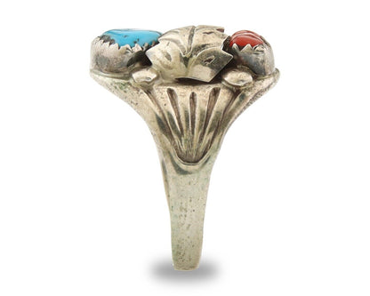 Navajo Ring 925 Sterling Turquoise & Coral Native Artist C.80's Size 7.5