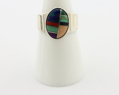 Zuni Inlaid Ring 925 Silver Mixed Natural Gemstones Native American Artist C.80s