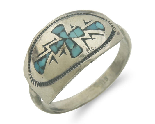 Navajo Ring 925 Sterling Natural Chip Inlay Blue Turquoise C.80's Size 9.0