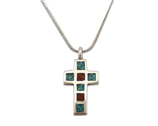 Navajo Cross Necklace 925 Silver Turquoise & Coral Native American Artist C.80's
