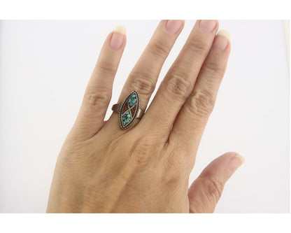 Navajo Ring 925 Sterling Natural Chip Inlay Coral & Turquoise C.80's Size 5.25