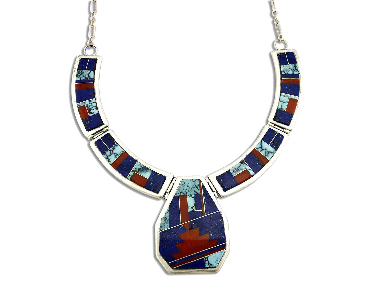 Navajo Necklace .925 Silver Spiderweb Turquoise, Lapis, Coral Handmade Signed WM