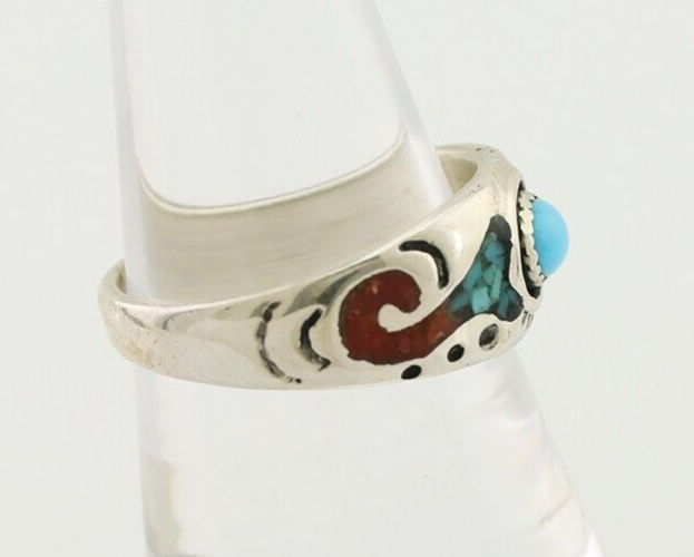 Navajo Ring 925 Silver Turquoise & Coral Natural American Artist C.80's