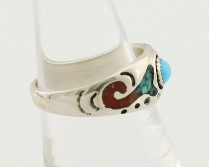 Navajo Ring 925 Silver Turquoise & Coral Natural American Artist C.80's