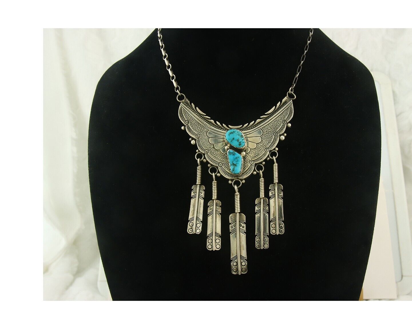 Vintage Navajo Bead Necklace 925 Silver Turquoise Hand Stamped Signed IHMJ