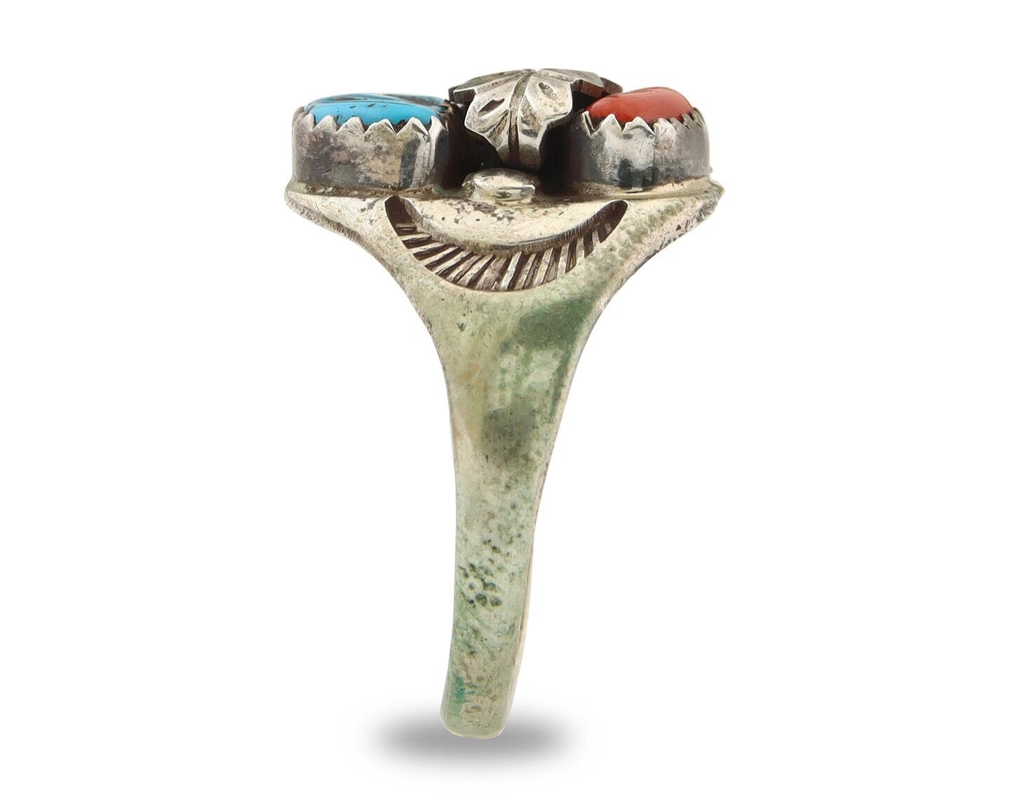 Navajo Ring 925 Sterling Turquoise & Coral Native Artist C.80's Size 10.75