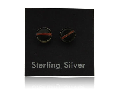 Navajo Earrings 925 Silver Inlaid Natural Onyx & Coral Native Artist C.80's