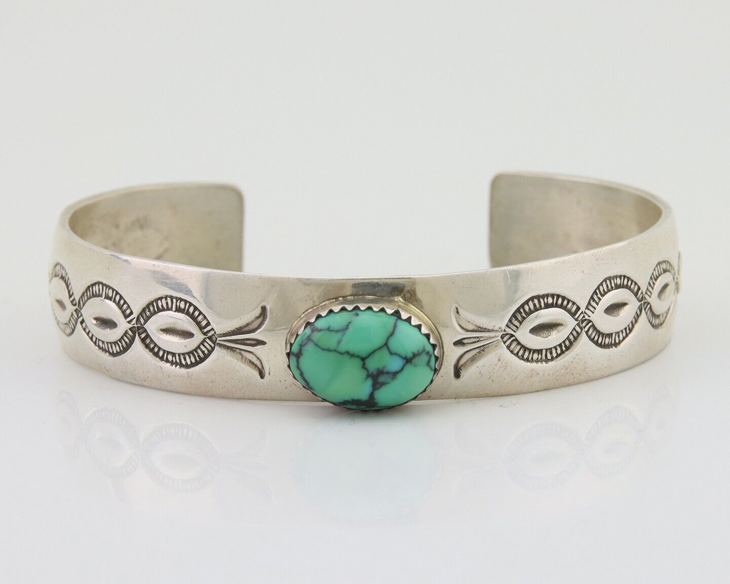 Navajo Cuff Bracelet Hand Stamped 925 Sterling Silver Natural Turquoise