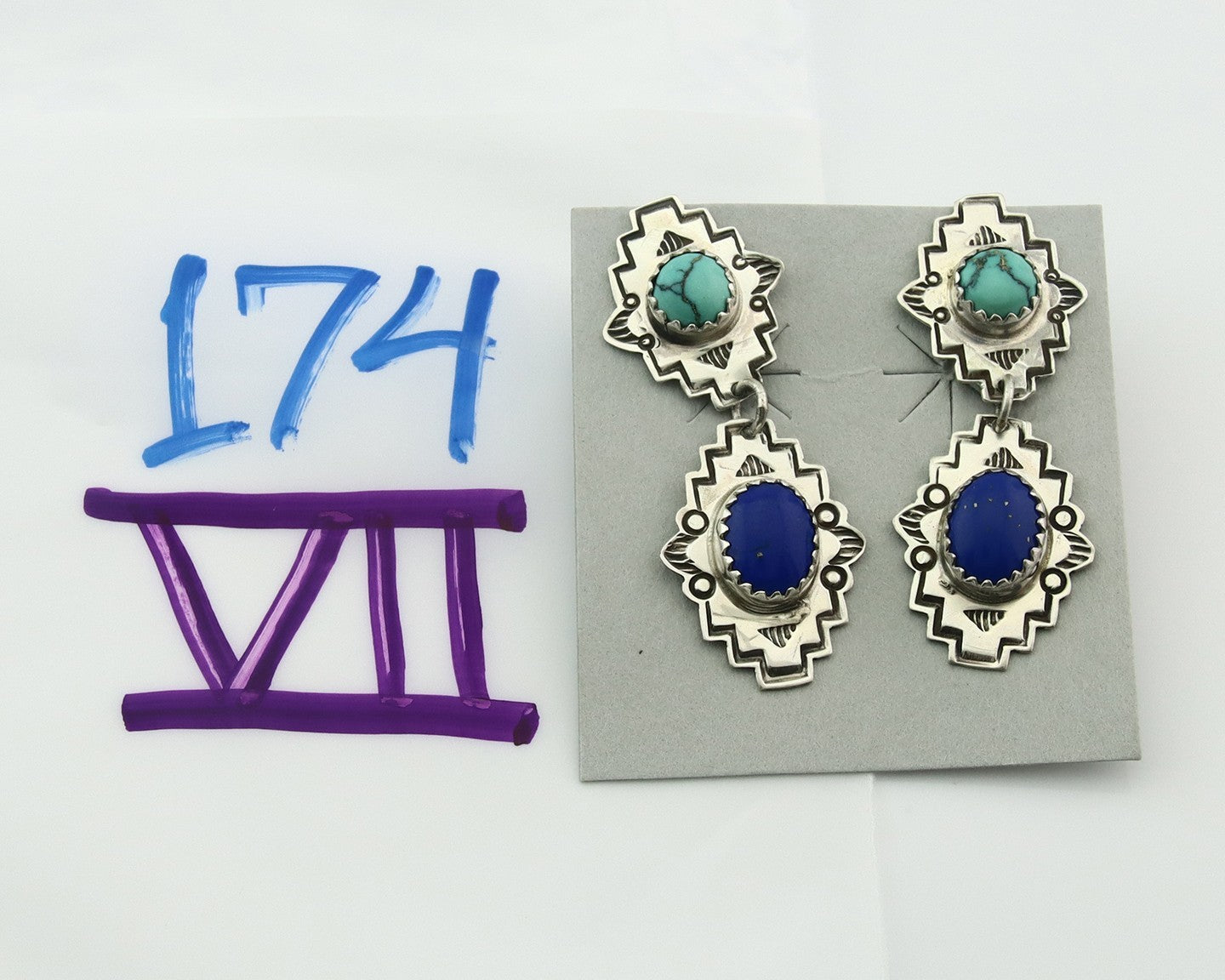 Navajo Earrings Sterling Silver Lapis & Truquoise Vintage Signed Mary Ellen