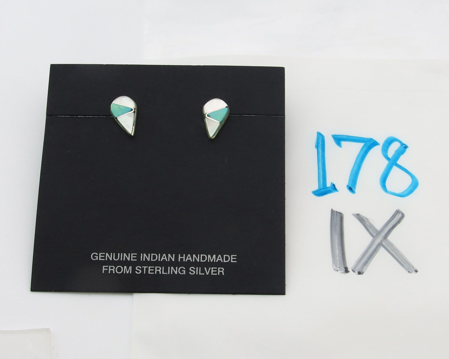 Navajo Earrings Sterling Silver Inlaid Turquoise & MOP Vintage Handmade
