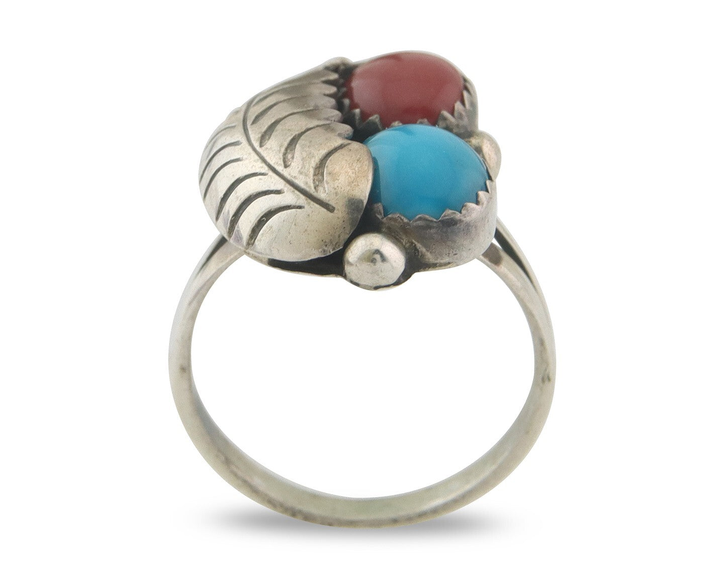 Navajo Ring 925 Sterling Natural Coral & Turquoise Signed BB C.80's Size 5.25