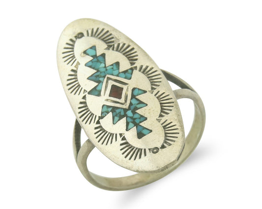 Vintage Navajo Ring 925 Sterling Turquoise & Coral Native Artist Size 9.0
