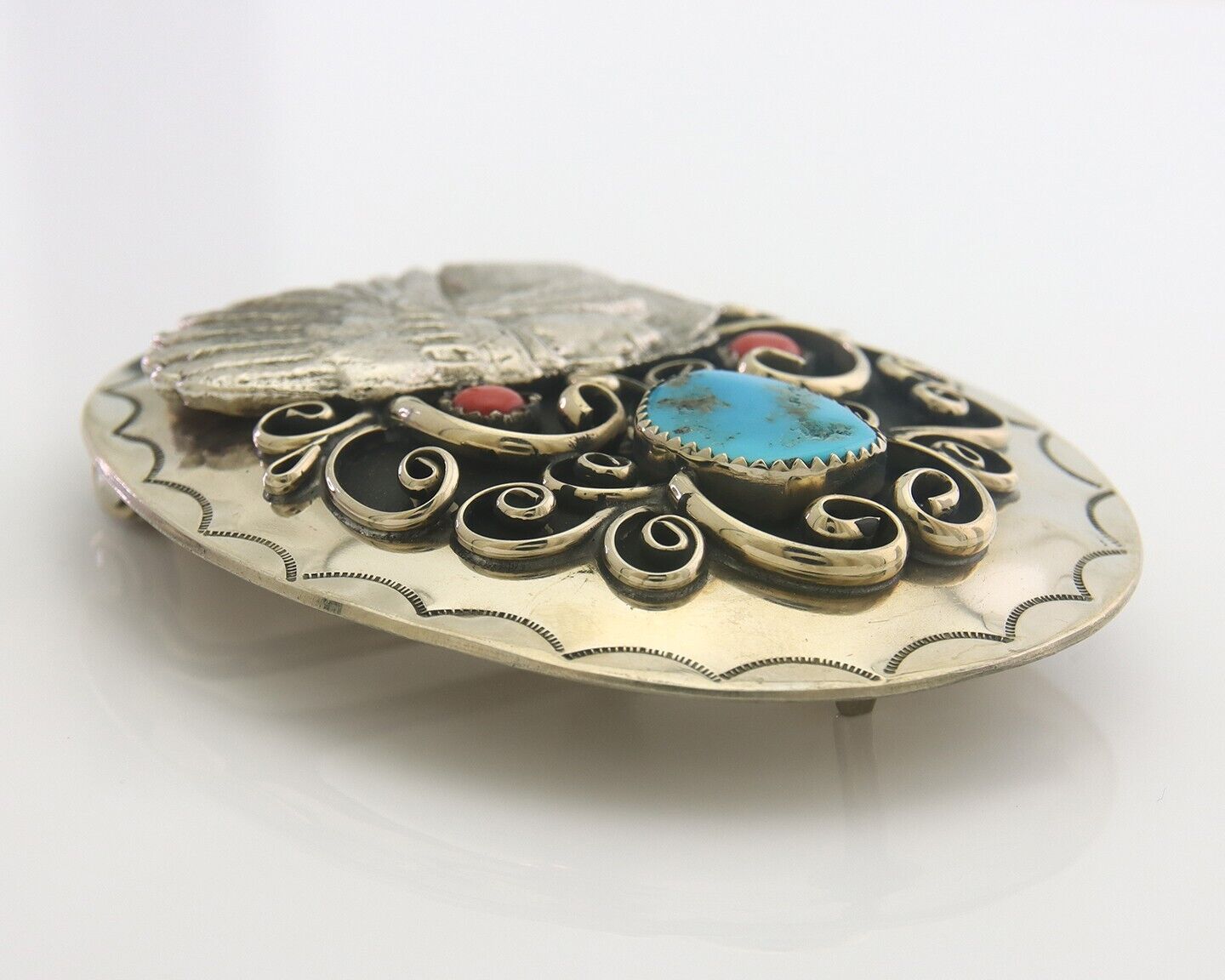 Navajo Belt Buckle .999 Nickel Buffalo Gemstone Signed 2.35 x 3.0 in C.80's