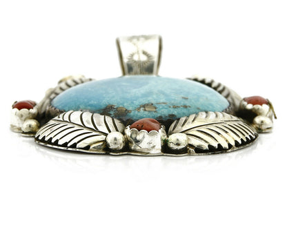 Navajo Natural Turquoise & Red Coral Pendant .925 Silver Signed Gomez C.2005