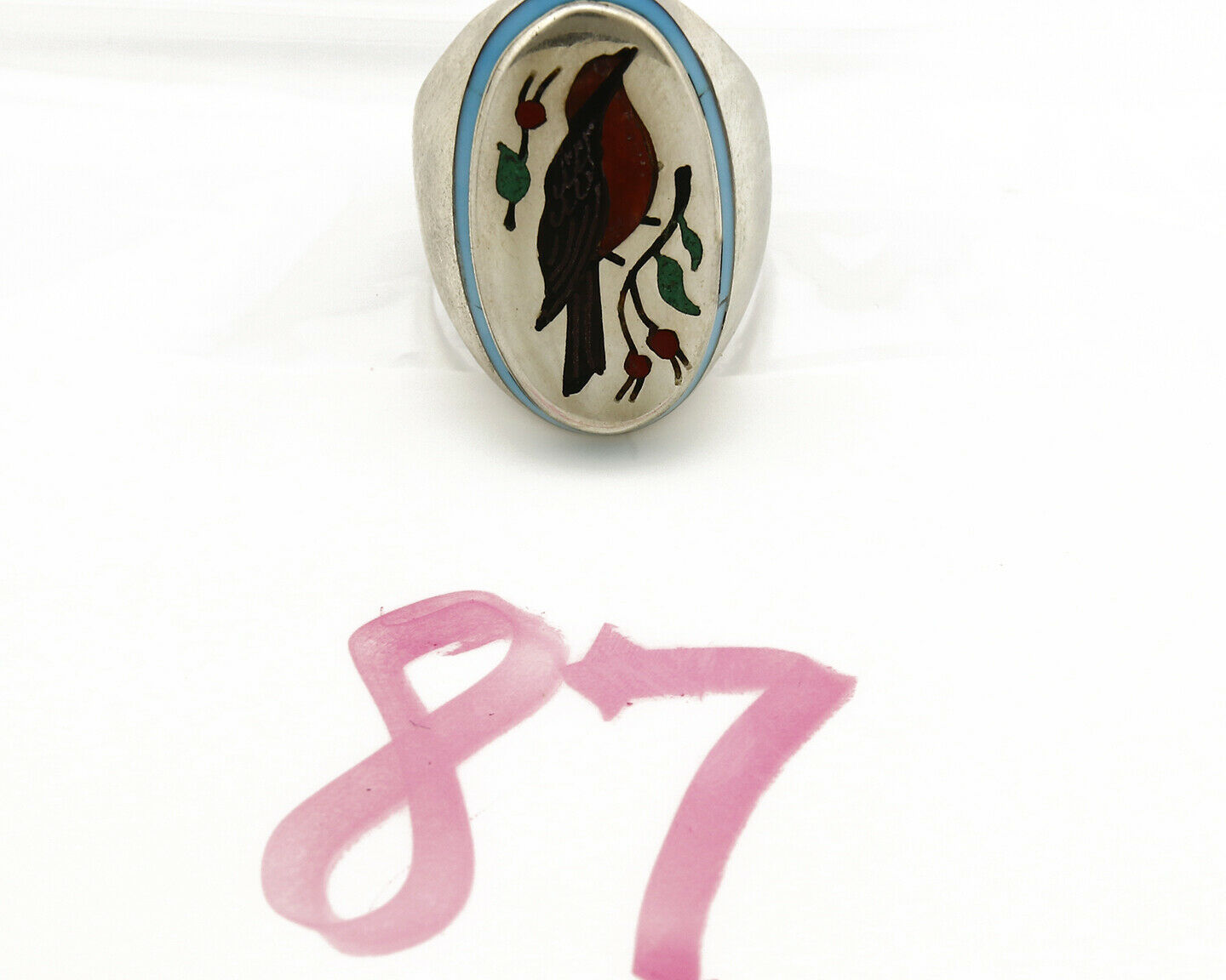 Navajo Bird Ring .925 Silver Inlaid MOP & Pin Shell Artist Henry & Linda Barber